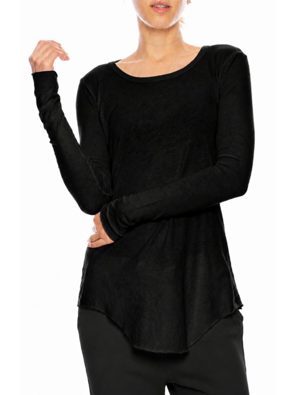 Frank & Eileen Tee Lab Fitted Long Sleeve Tee Black Cotton Raw Curved Hem L